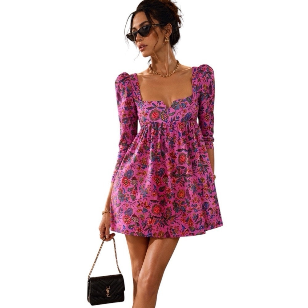 Alix of Bohemia Christina Pinky Dress Pink Floral Puff Sleeve Mini Dress Sz S